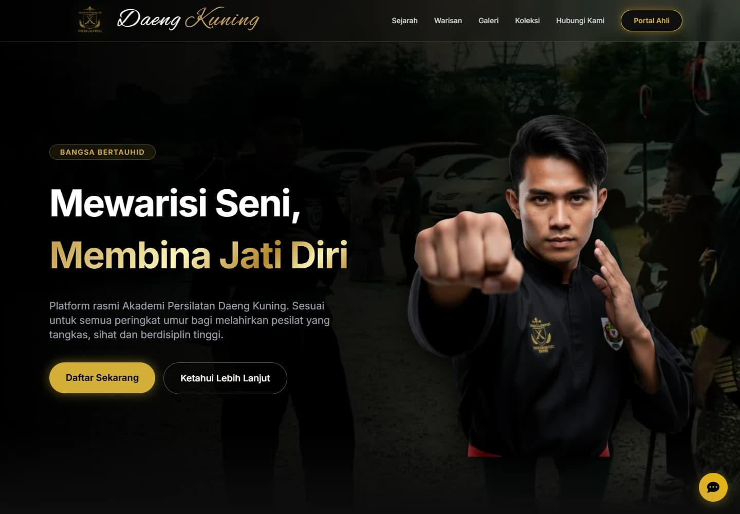 Actual Daeng Kuning website showing its silat academy identity and heritage presentation