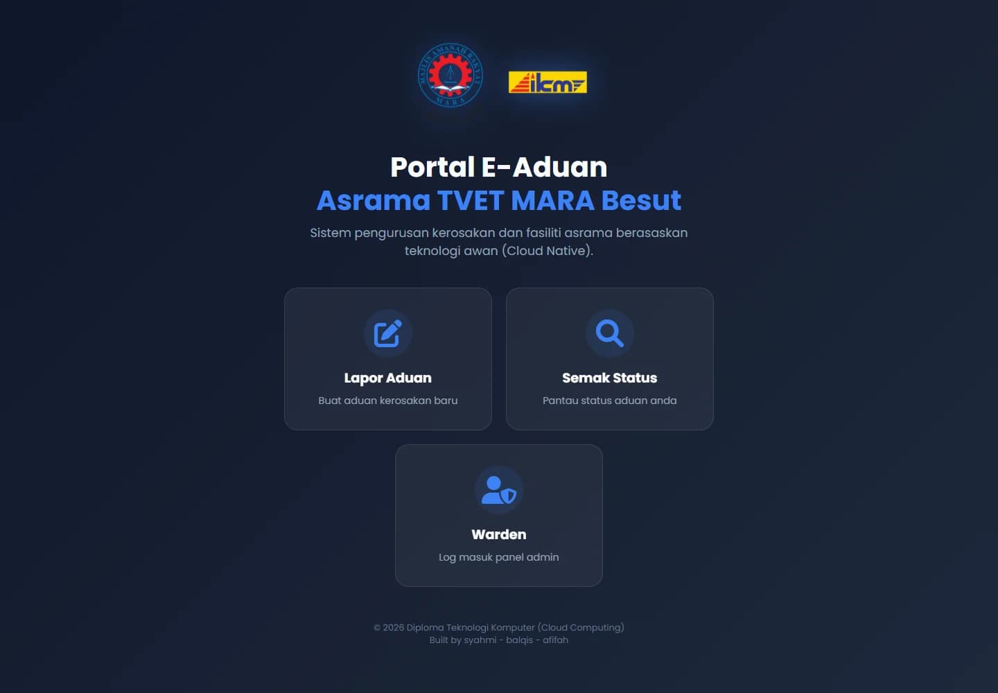 Portal E-Aduan Asrama TVET MARA Besut homepage with report, status and warden entry points